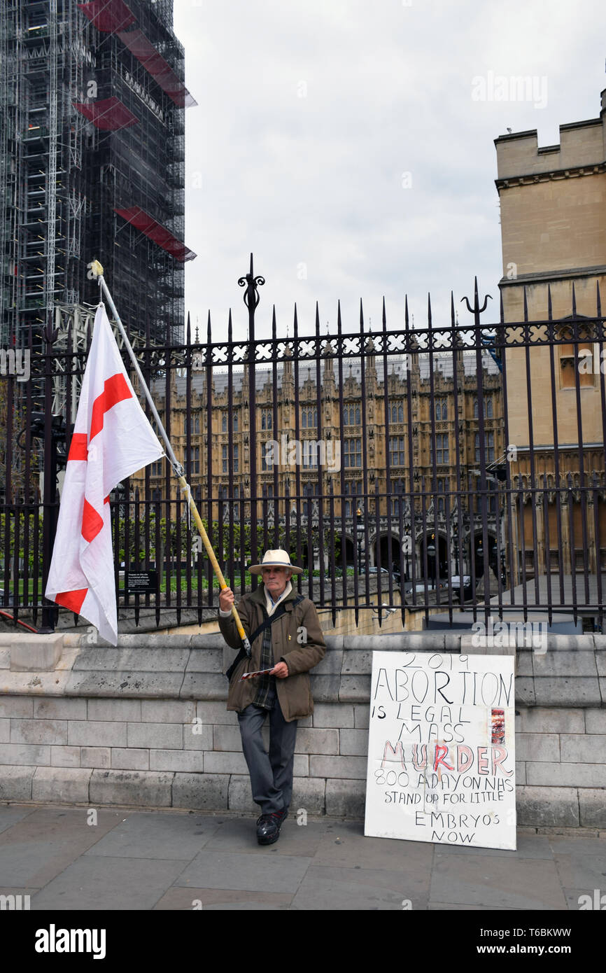 Pro life anti-abortion protester outside Parliament, London UK 29 April 2019 Stock Photo