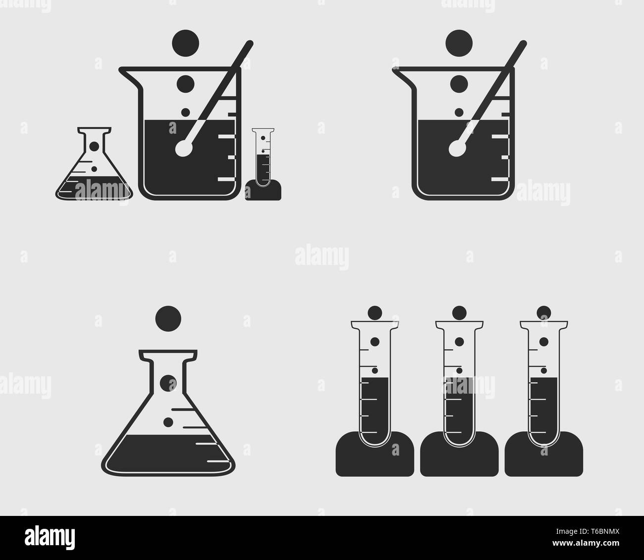 Laboratory Elements Icons Set. Test tube, Flask, Beaker symbol on gray Background. Stock Vector
