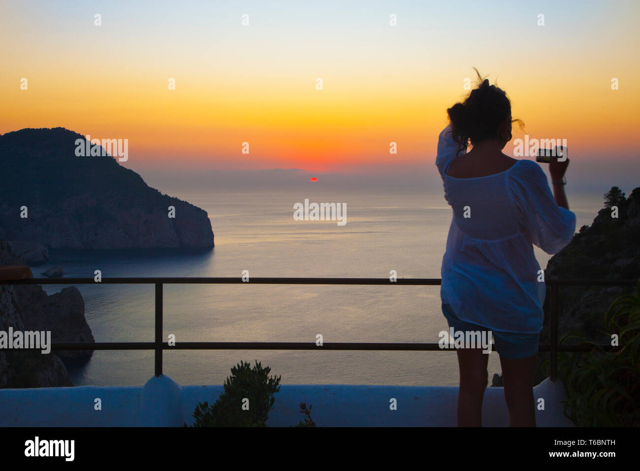Sunset from Hacienda Na Xamena Hotel. Sant Miquel. Ibiza. Balearic Islands. Spain. Stock Photo