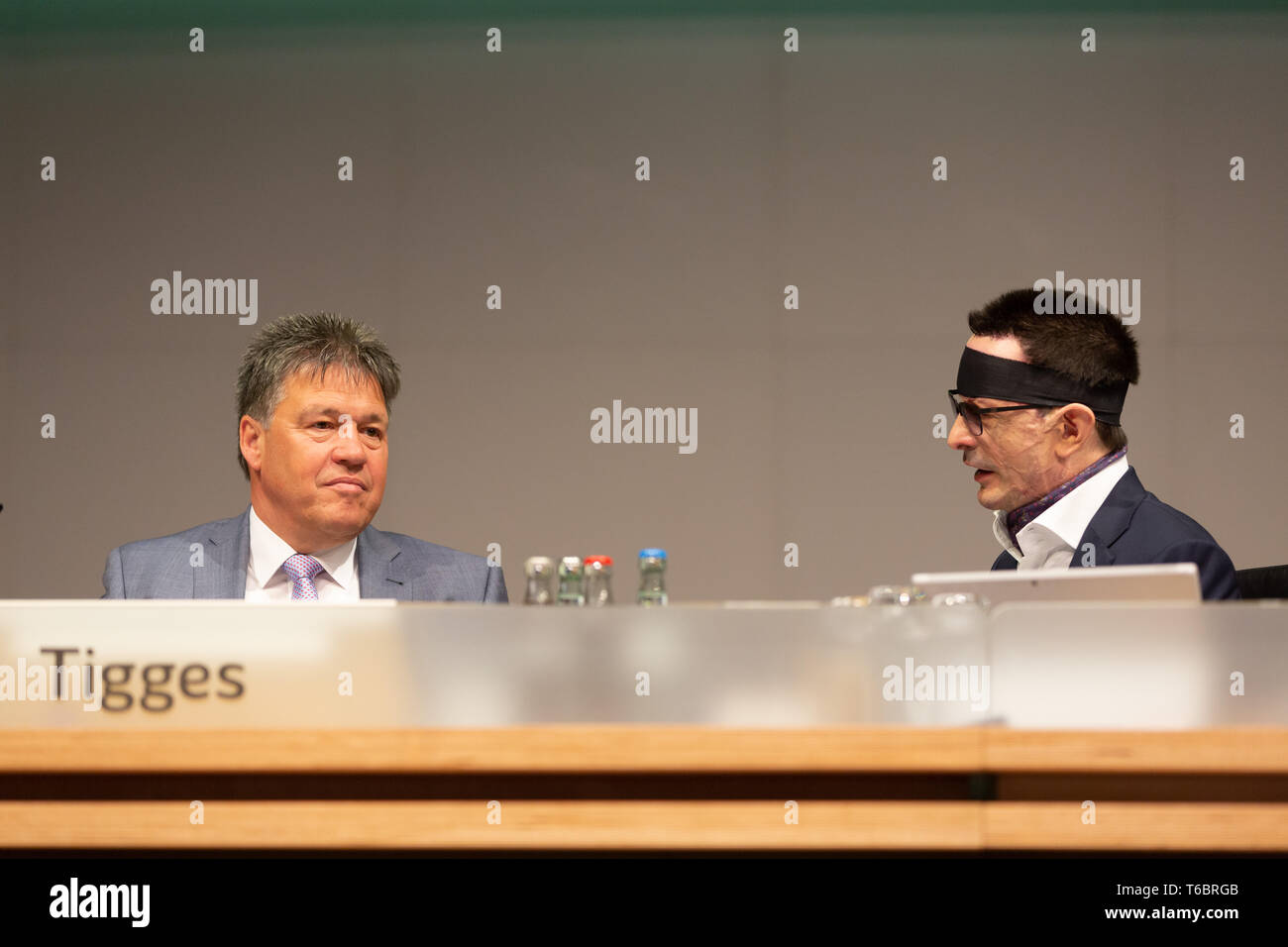 Essen, Germany, 30.04.2019, Innogy Annual General Meeting: CEO Uwe Tigges (L) and CFO Bernhard Guenther. Stock Photo