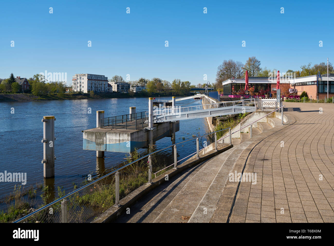 Waterfront promenade on the river Elbe in Magdeburg Stock Photo
