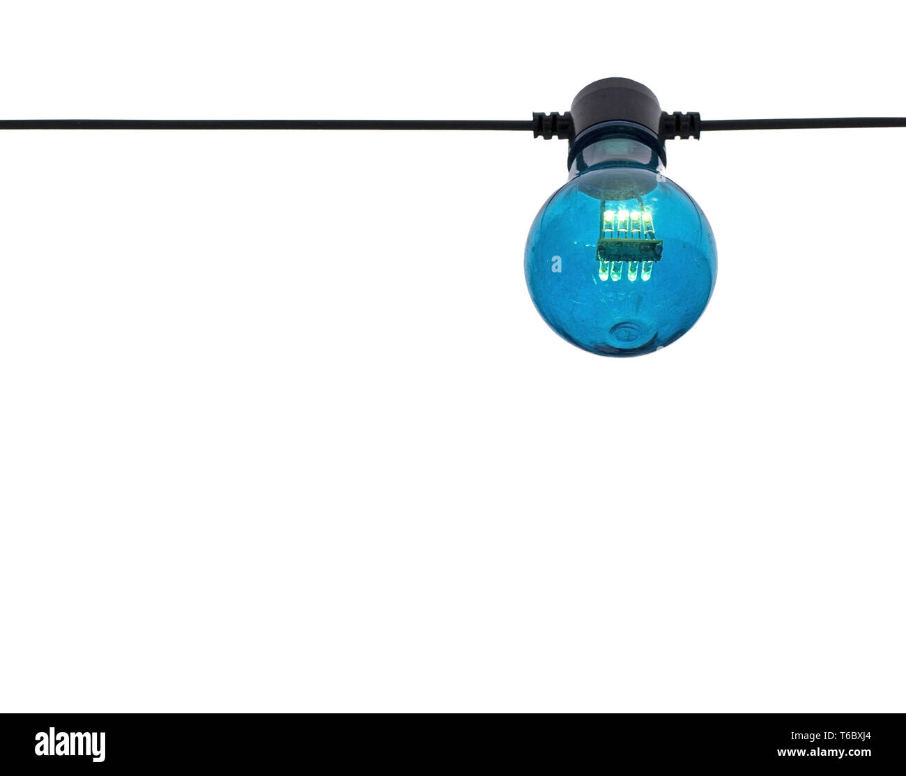 Blue color lightbulb on string isolated on white Stock Photo