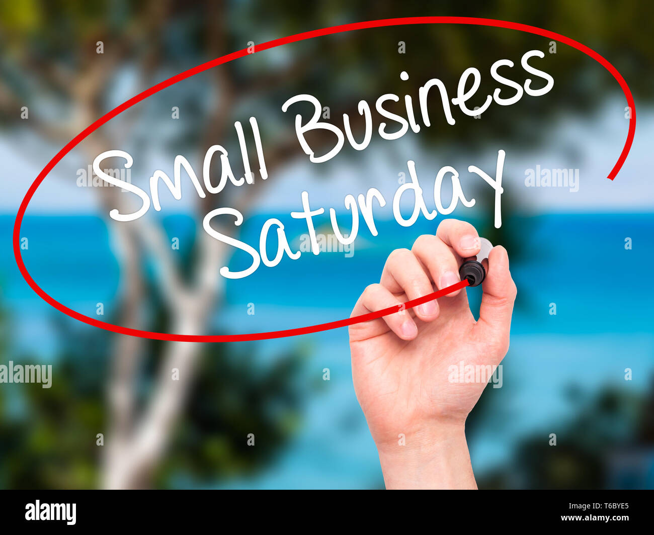 Man Hand writing Small Business Saturday with black marker on visual screen Stock Photo