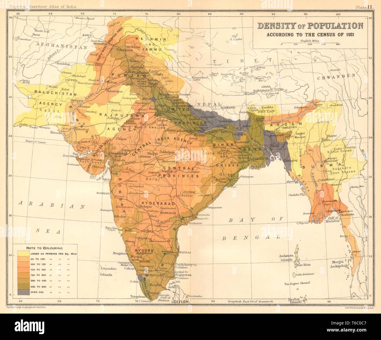 BRITISH INDIA South Asia Burma. Population density 1921 census 1931 old map Stock Photo