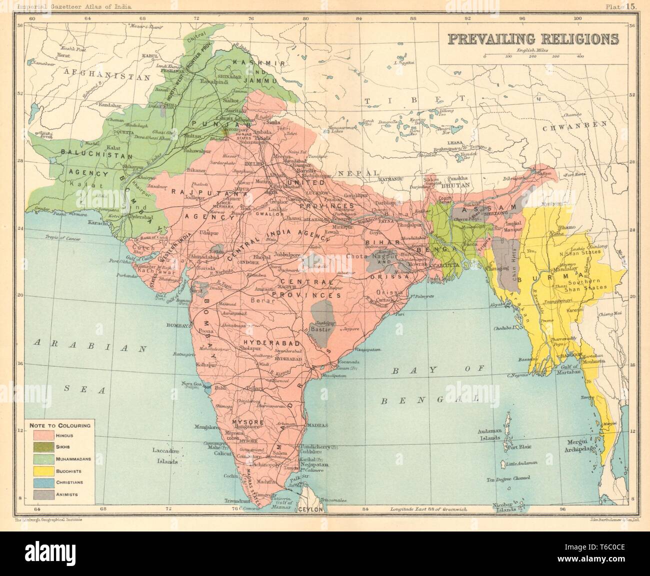 BRITISH INDIA. South Asia religions. Hindu Muslim Buddhist Animist Sikh 1931 map Stock Photo