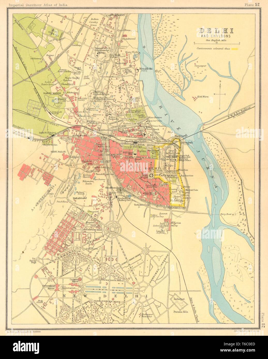 Delhi town city plan. Key buildings & Cantonment. British India 1931 old map Stock Photo