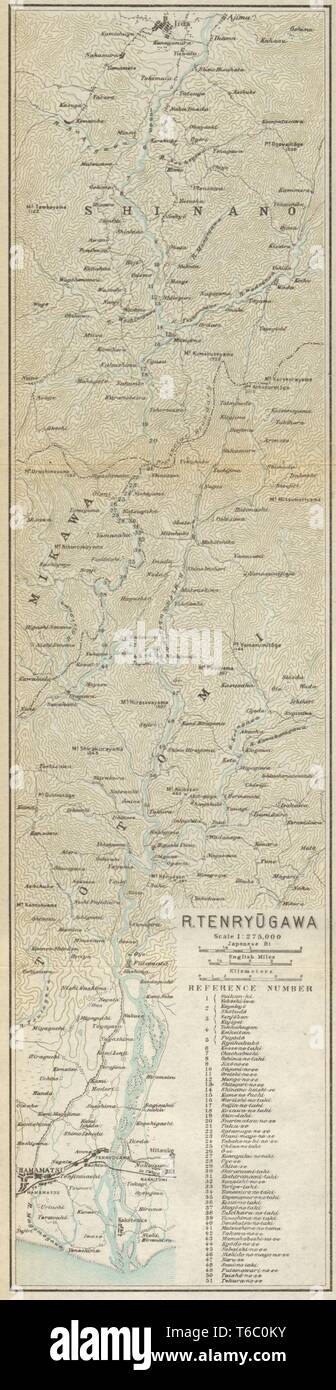 River Tenryu-gawa. Iida - Hamamatsu. Honshu, Japan 1914 old antique map chart Stock Photo