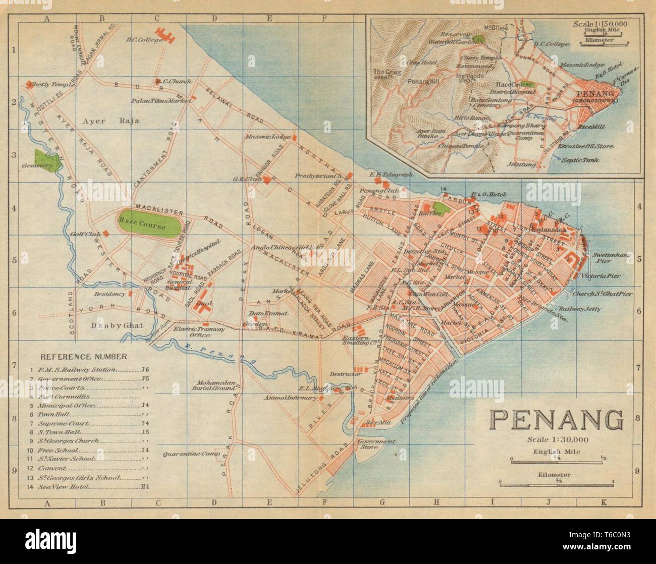 George Town Penang Antique Town City Plan Malaysia 1920 Old Map Stock Photo Alamy