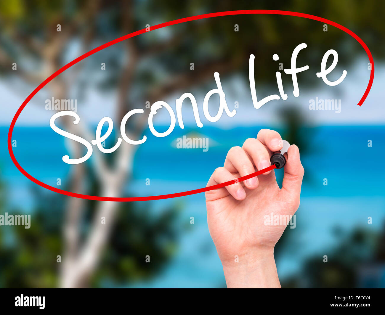 Man Hand writing Second Life with black marker on visual screen. Stock Photo