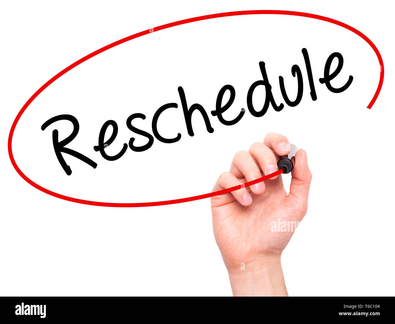 Man Hand writing Reschedule with black marker on visual screen Stock Man Hand writing Reschedule with black marker on visual screen Stock