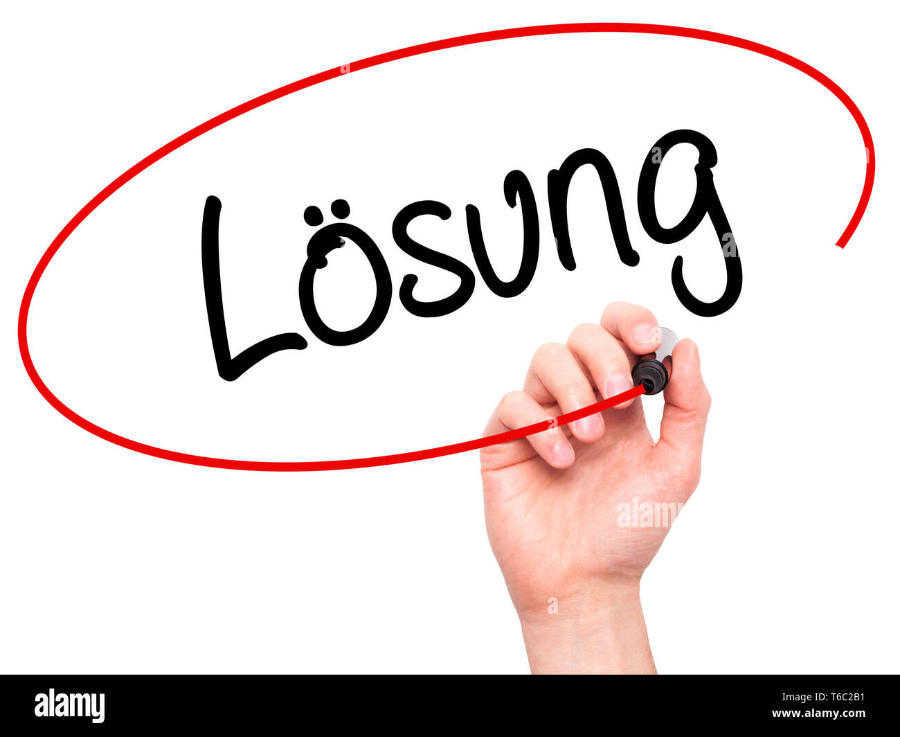 Man Hand writing Losung (Solution in German) with black marker on visual screen. Stock Photo