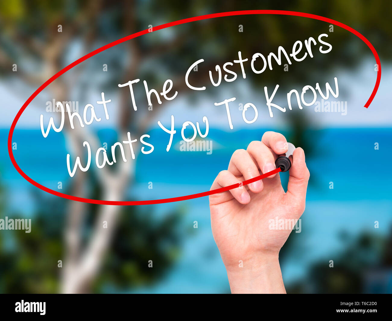 Man Hand writing What The Customers Wants You To Know with black marker on visual screen Stock Photo