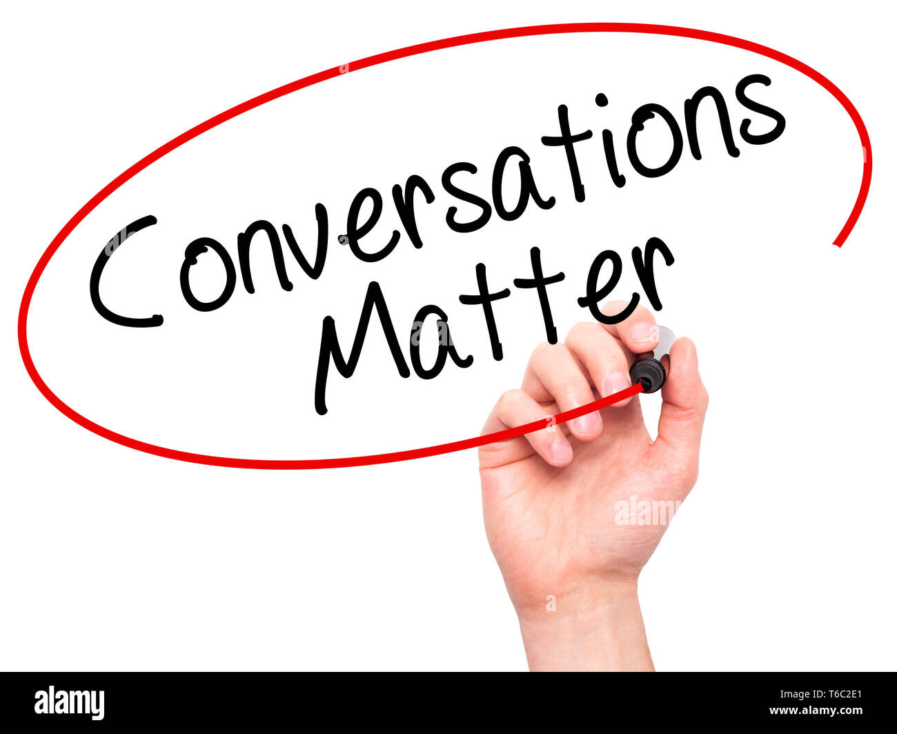 Man Hand writing Conversations Matter with black marker on visual screen Stock Photo