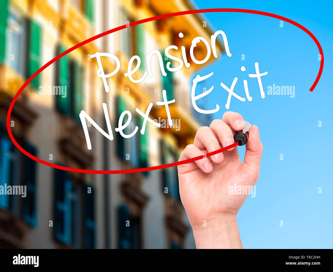 Man Hand writing Pension Next Exit with black marker on visual screen Stock Photo