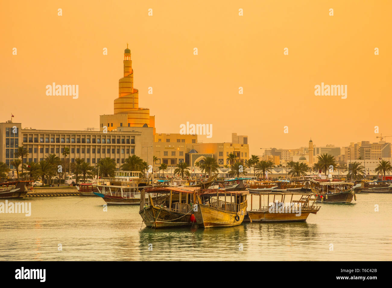 Sprial mosque of the Qatar Islamic Centre and Dhow harbour, Doha, Qatar Stock Photo
