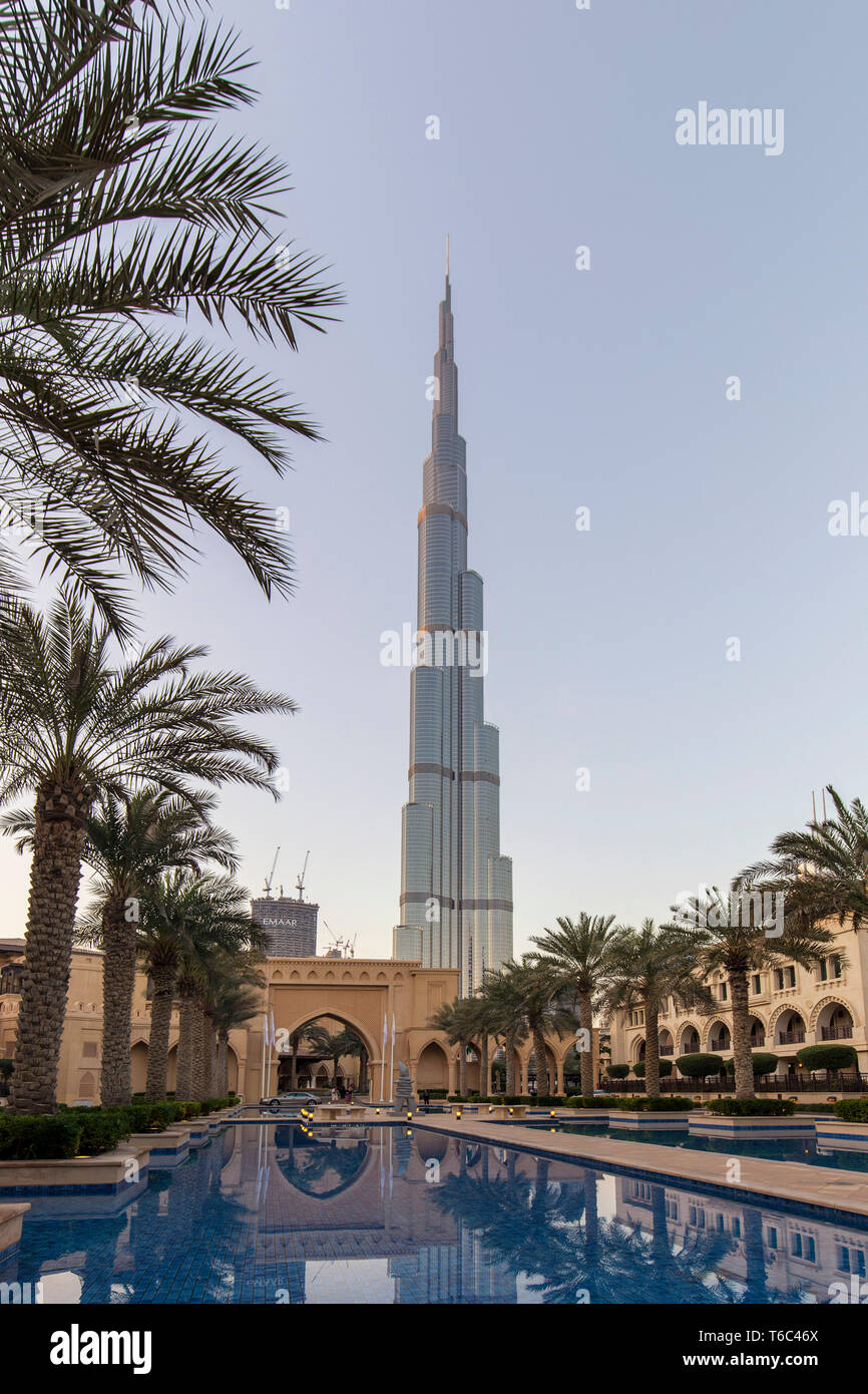 UAE, Dubai, Burj Khalifa from Dubai Mall Gardens Stock Photo