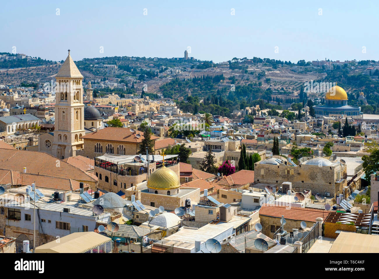 Israel, Jerusalem District, Jerusalem. The bellower of the Lutheran Church of the Redeemer and buildings in the Old City. Stock Photo