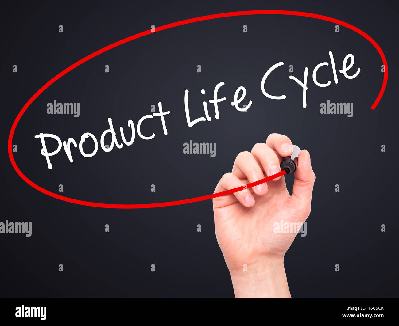 Man Hand writing Product Life Cycle with black marker on visual screen. Stock Photo