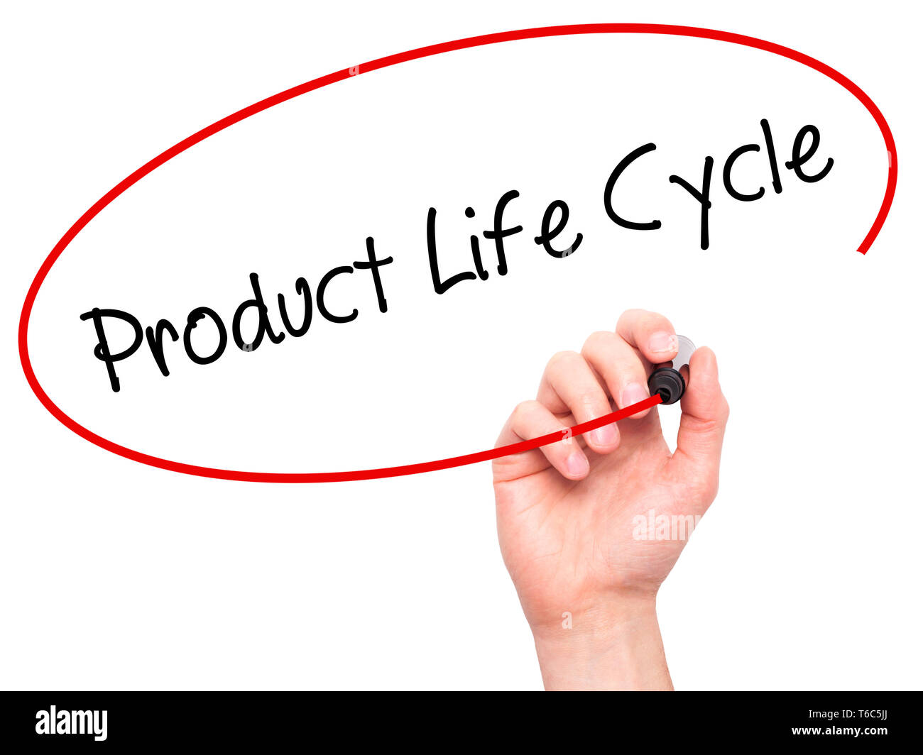 Man Hand writing Product Life Cycle with black marker on visual screen. Stock Photo