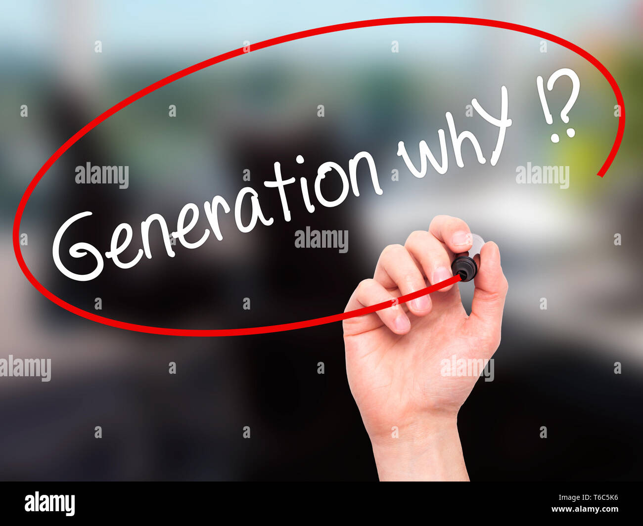 Man Hand writing Generation whY !? with black marker on visual screen Stock Photo