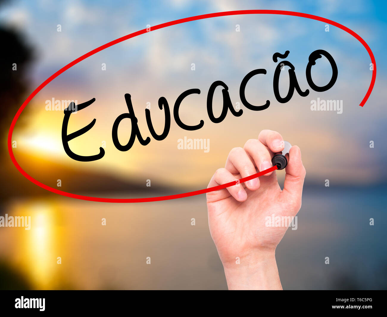 Man Hand writing Education (Educacao in Portuguese) with black marker on visual screen Stock Photo