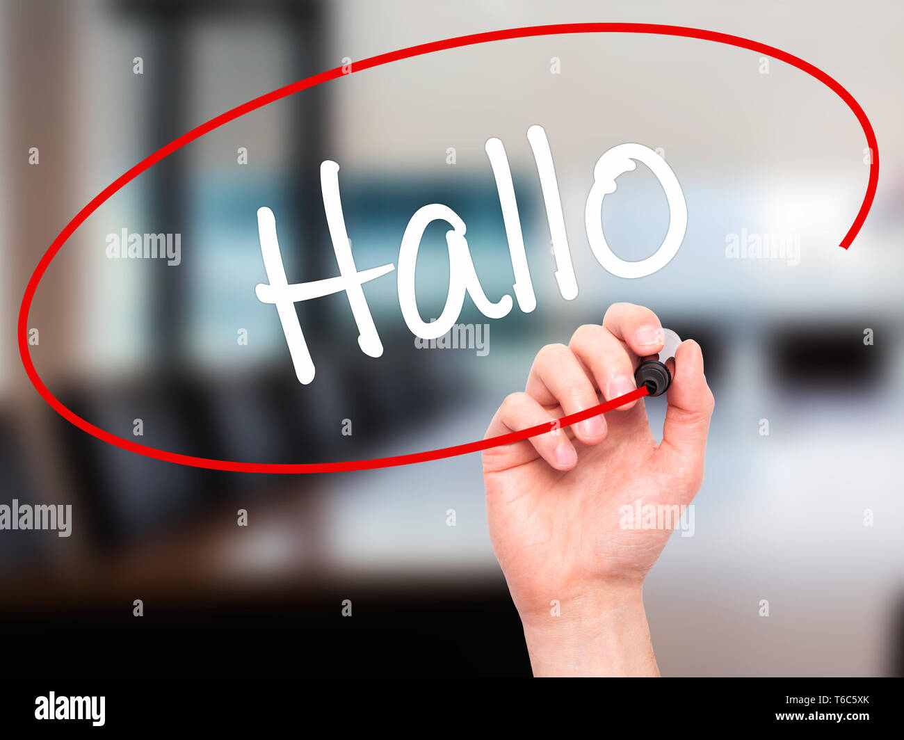 Man Hand Writing Hallo Hello In German With Black Marker On Visual Screen Stock Photo Alamy