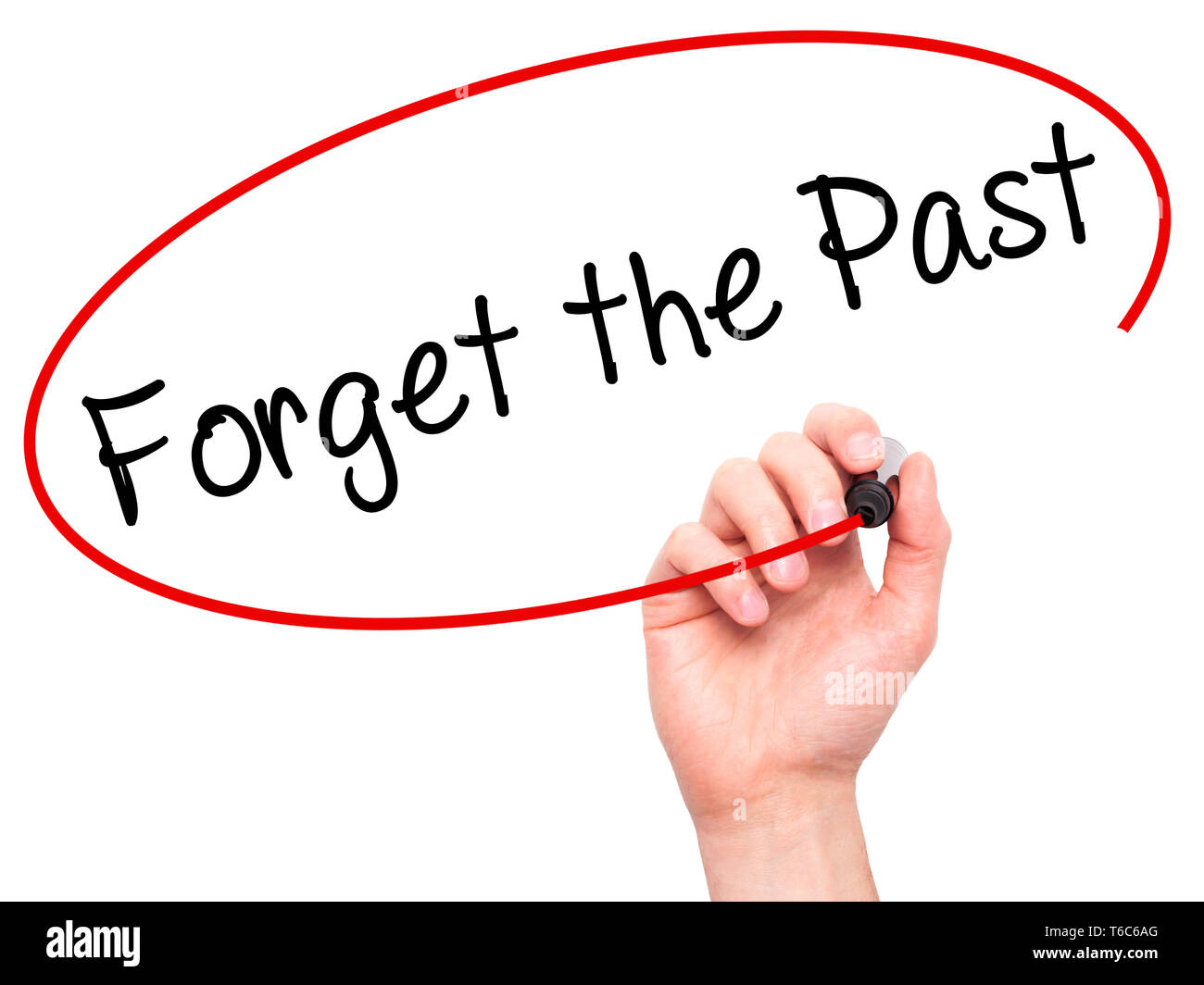 Man Hand writing Forget the Past with black marker on visual screen Stock Photo