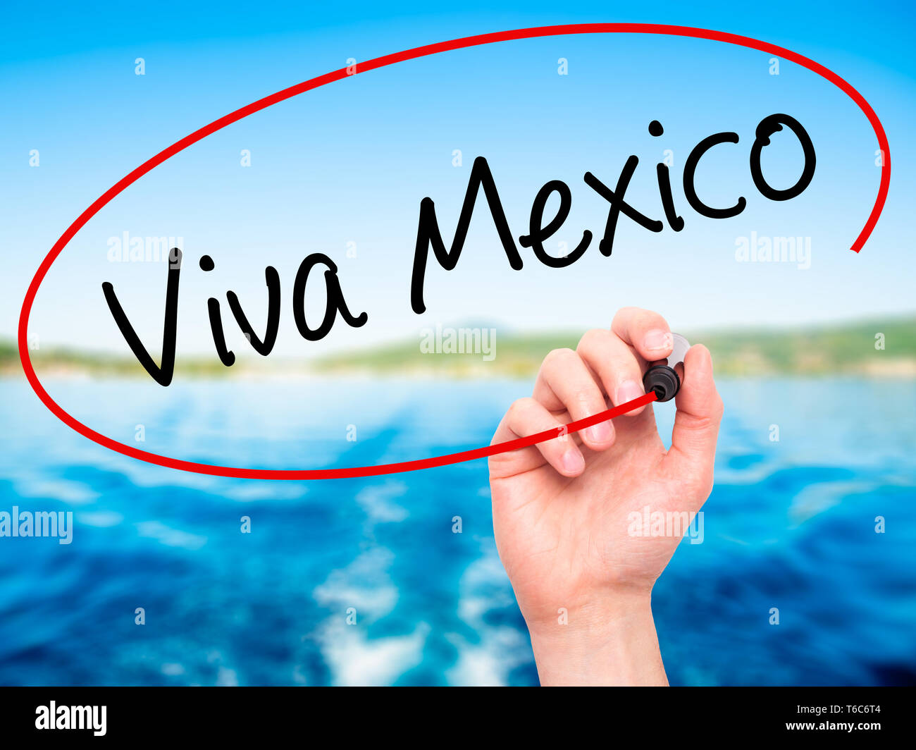 Man Hand writing Viva Mexico with black marker on visual screen Stock Photo