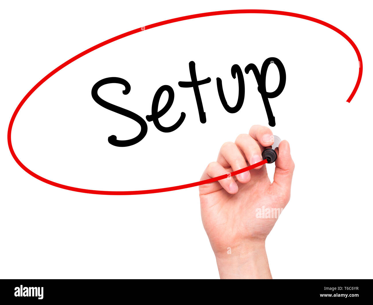 Man Hand writing Setup  with black marker on visual screen Stock Photo