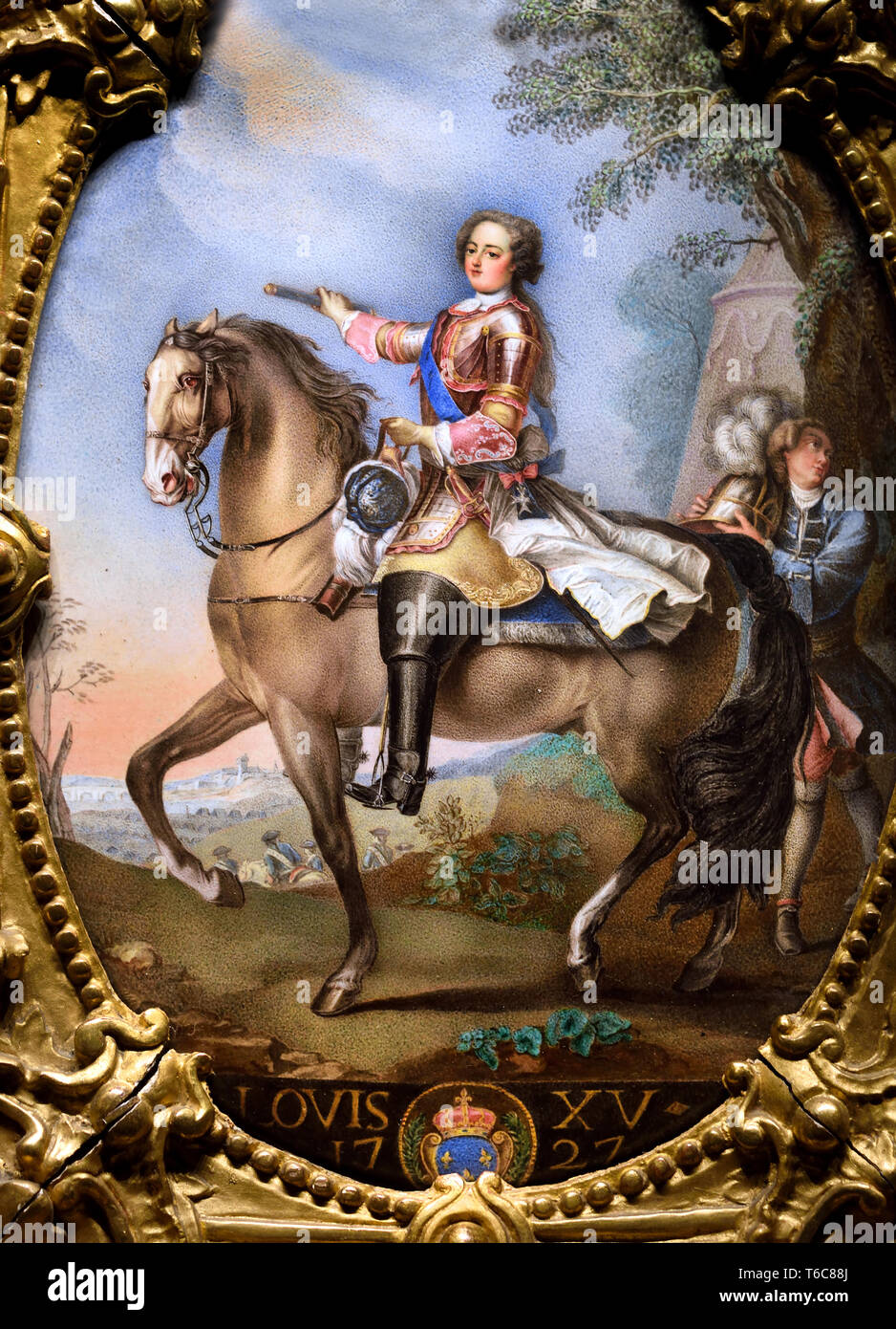 King Louis XV  1710 – 1774, known as Louis the Beloved, monarch of the House of Bourbon, ruled as King of France from 1 September 1715 until his death in 1774. France, French,( Enamel painted on copper, carved and gilded wooden frame ) after a portrait by Charles André van Loo -  Carle van Loo 1705 -1765 France French Stock Photo
