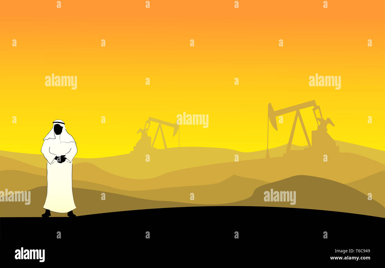 Illustration of an Arab man in a desert with oil drills in the background Stock Photo