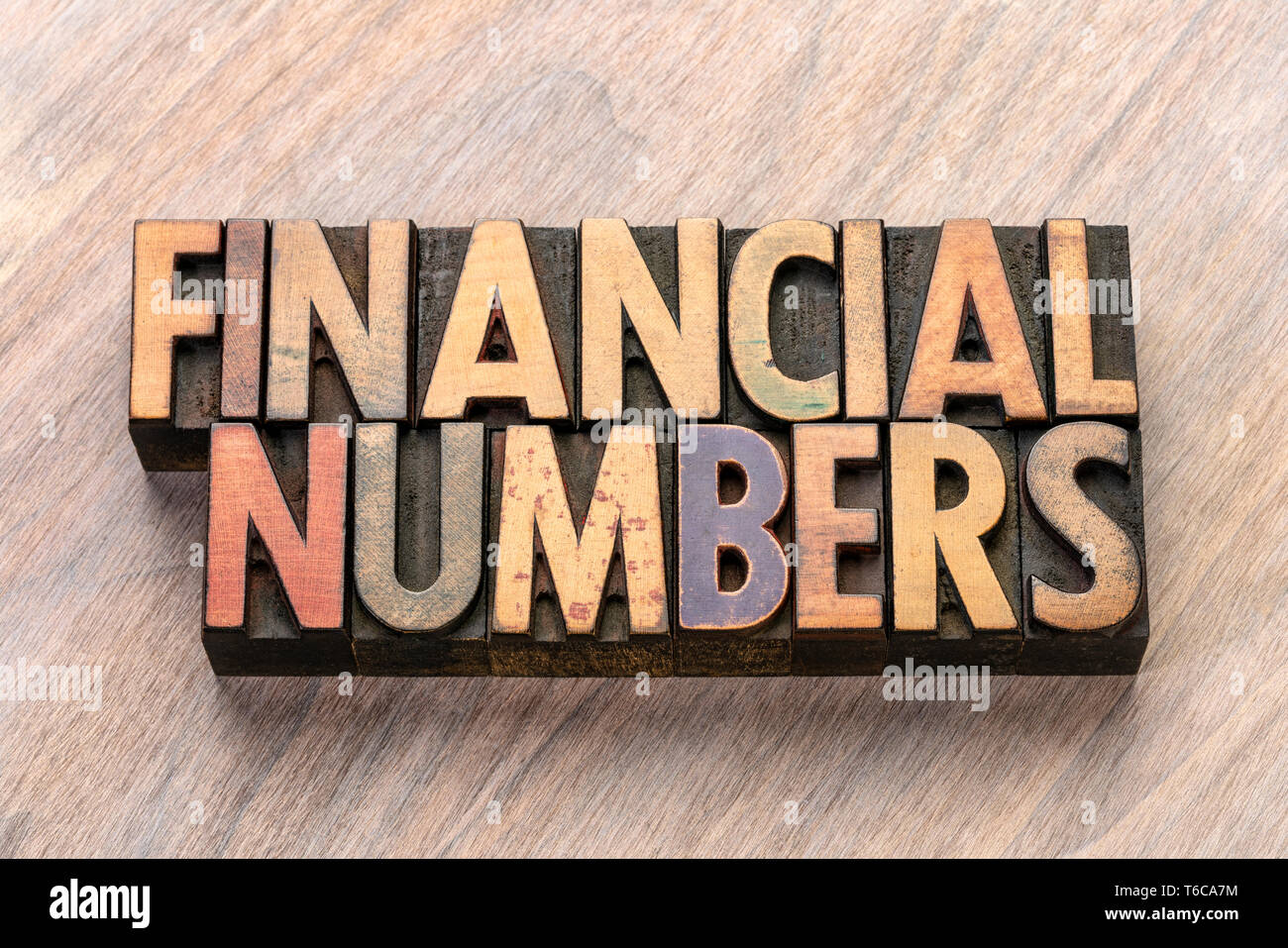 financial numbers word abstract in vintage letterpress wood type Stock Photo
