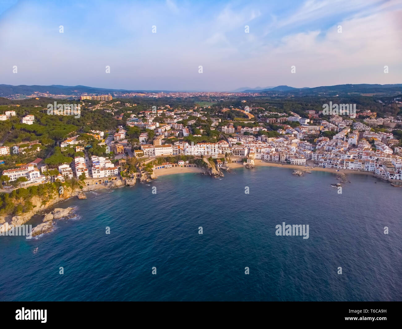 Drone picture over the Costa Brava coastal, small village Calella de Palafrugell of Spain Stock Photo