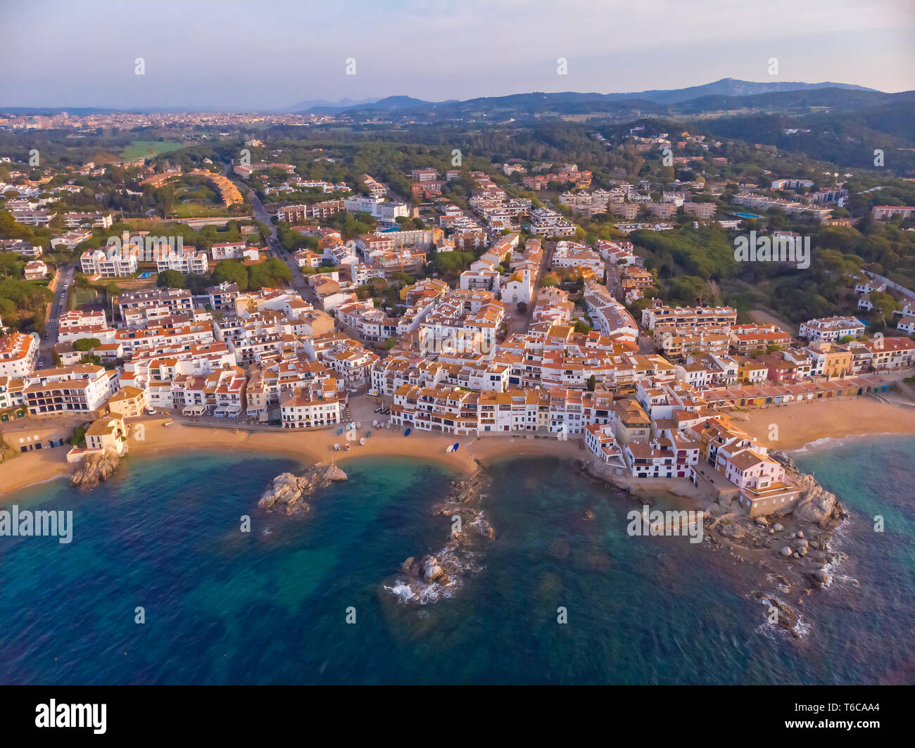 Drone picture over the Costa Brava coastal, small village Calella de Palafrugell of Spain Stock Photo