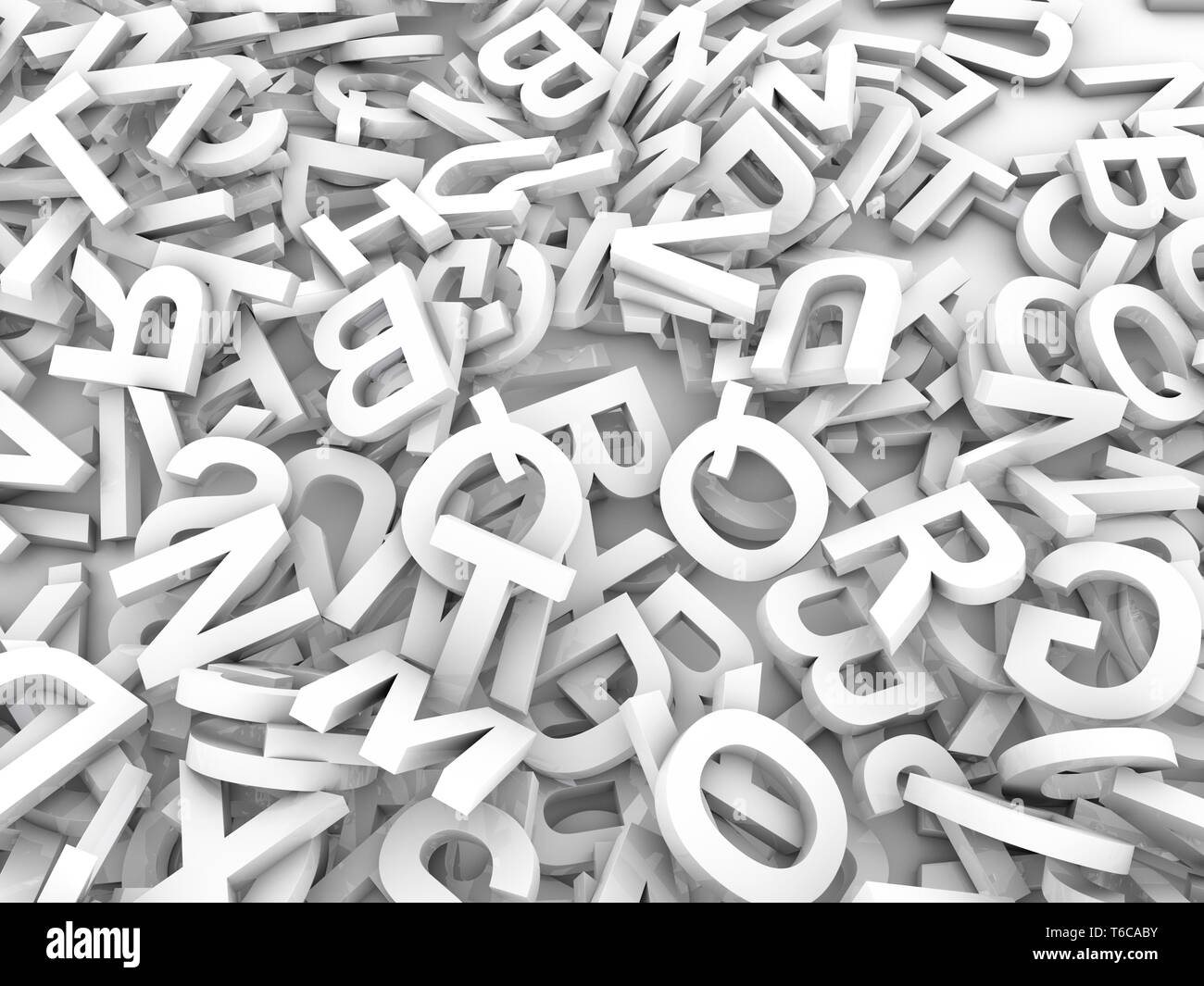 A jumbled pile of 3D illustrated white uppercase letters over a white background.  Great for typegraphy, education, design, or business applications. Stock Photo