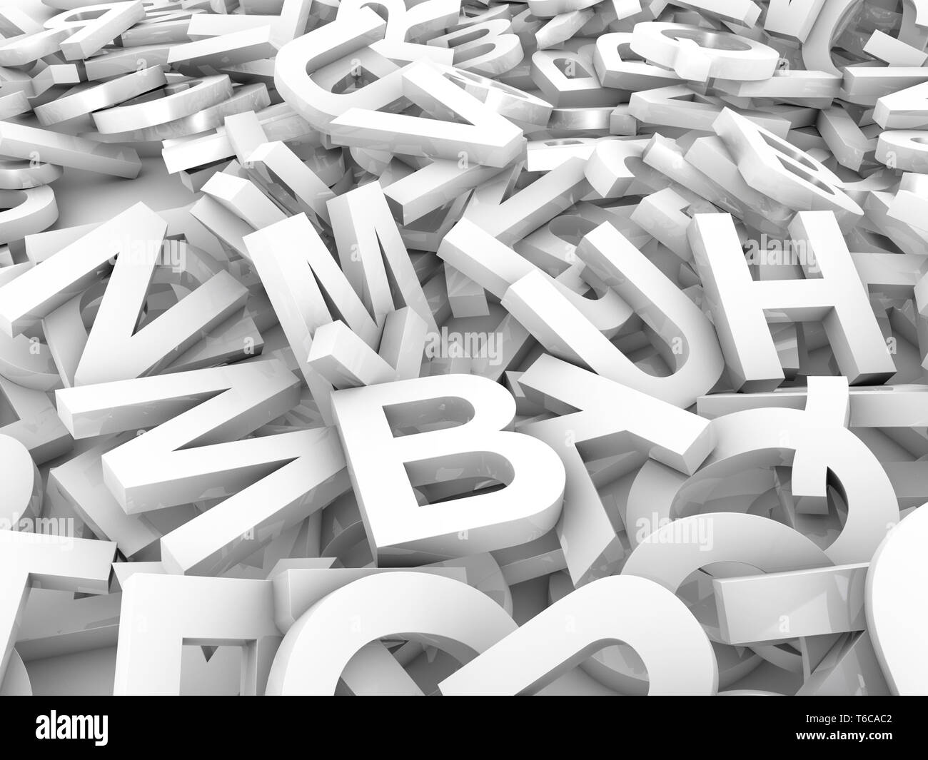 A jumbled pile of 3D illustrated white uppercase letters over a white background.  Great for typegraphy, education, design, or business applications. Stock Photo