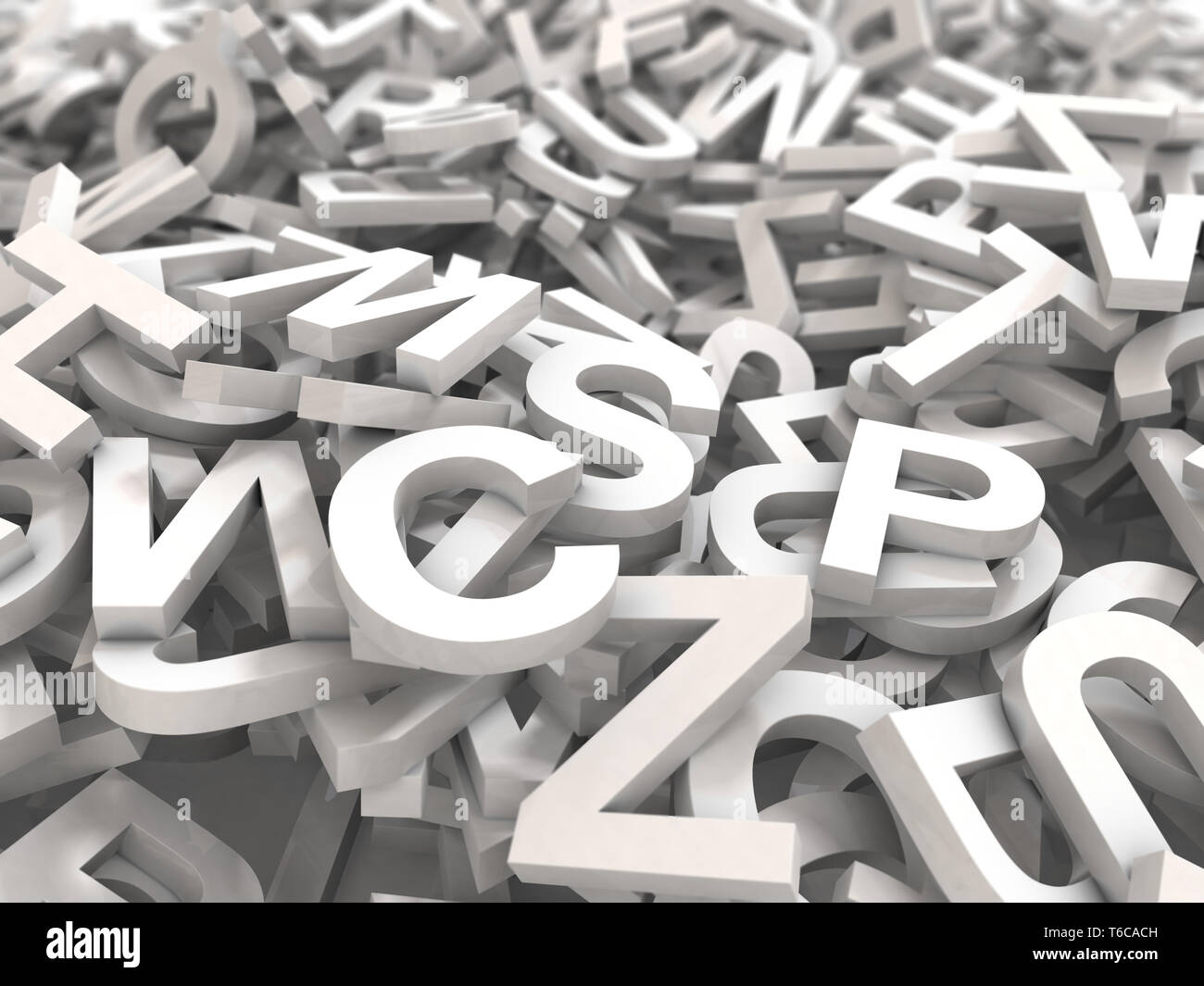 A jumbled pile of 3D illustrated white uppercase letters over a white ...