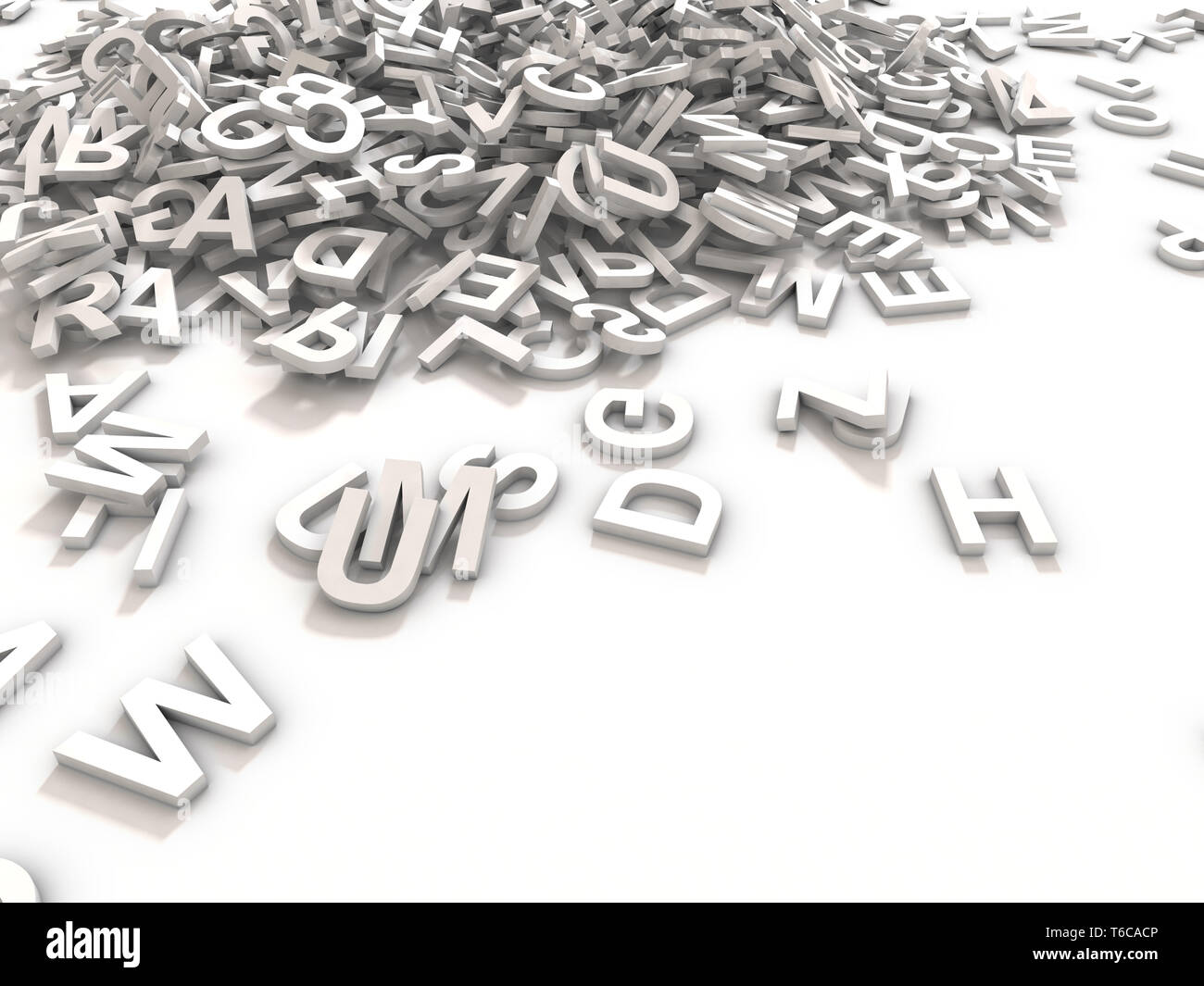 A jumbled pile of 3D illustrated white uppercase letters over a white ...