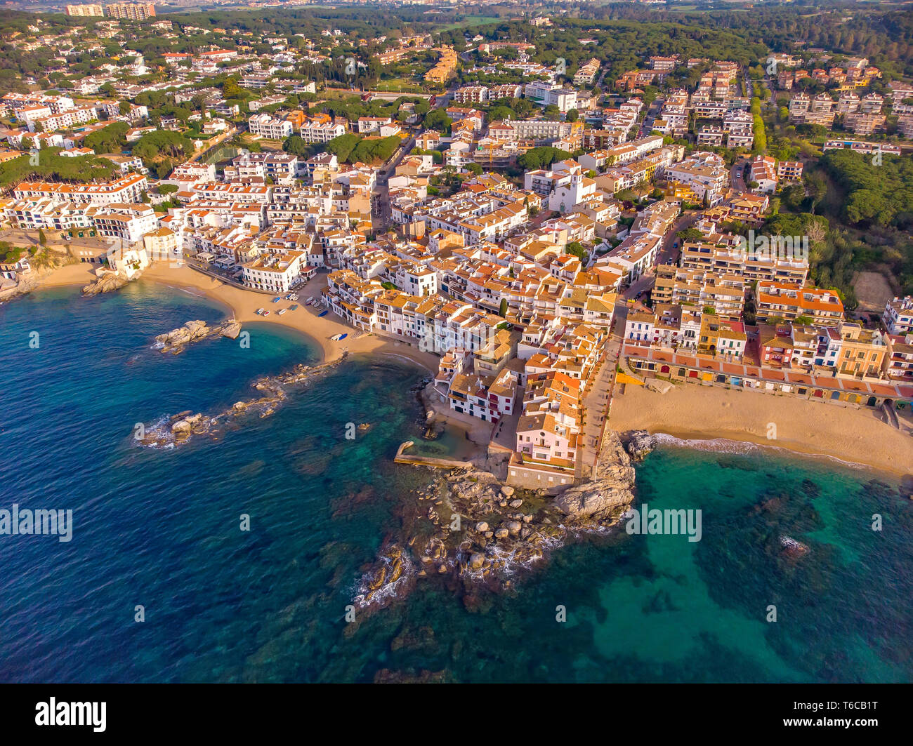 Drone picture over the Costa Brava coastal, small village Calella de Palafrugell of Spain Stock Photo