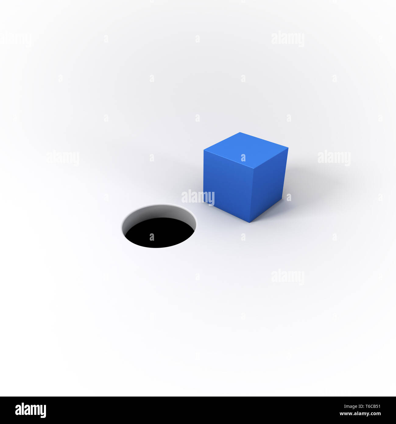 A blue square peg and a round hole on a bright white background. A visual representation of the