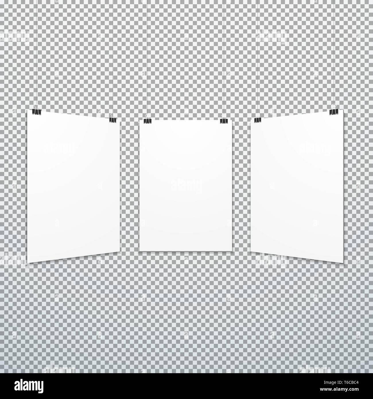 vector vertical white empty poster set suspended on office clamps mock up realistic shadow blank template isolated neutral light background Stock Vector