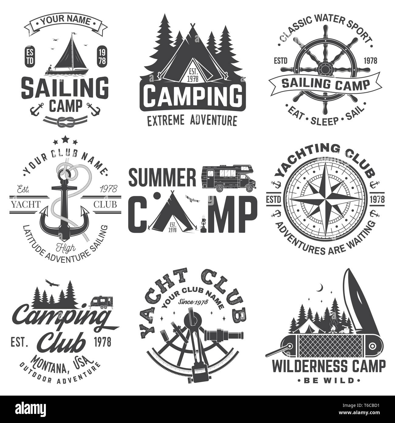 Set of Summer camp and sailing badges. Vector. Concept for shirt or print, stamp or tee. Vintage typography design with trailer, camping tent, sea anchors, hand wheel, compass sextant silhouette Stock Vector