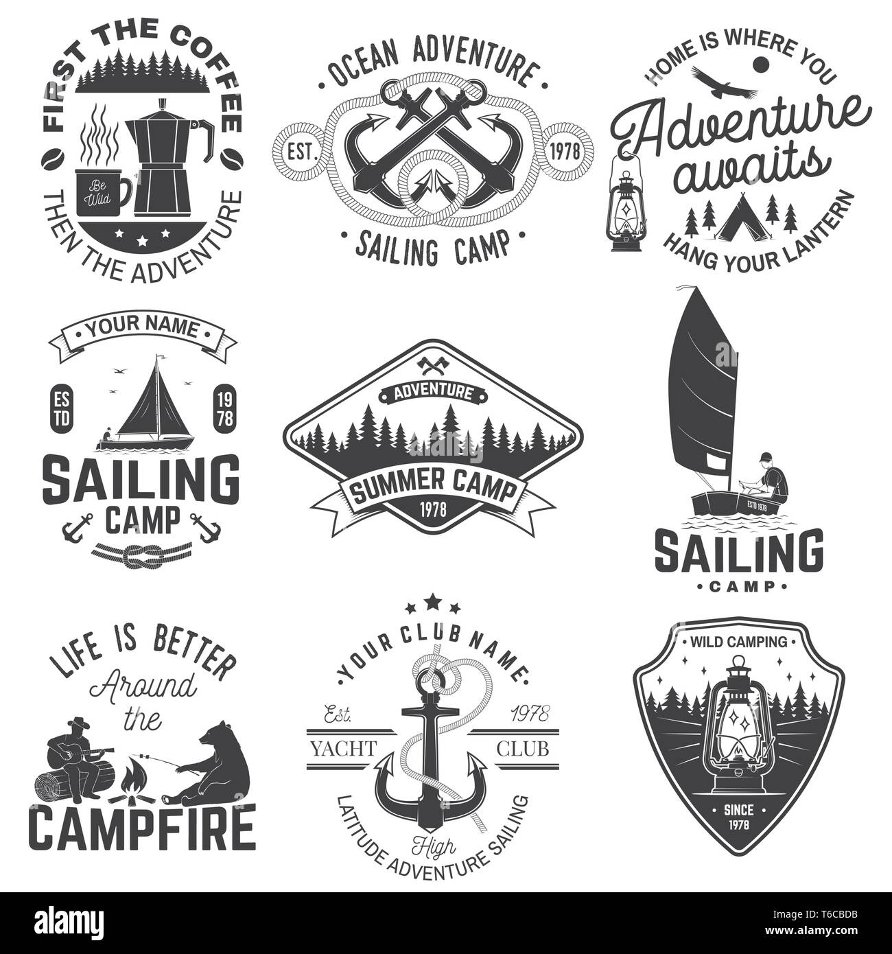 Set of Summer camp and sailing badges. Vector. Concept for shirt or print, stamp or tee. Vintage typography design with trailer, camping tent, sea anchors, man in sailboat silhouette Stock Vector