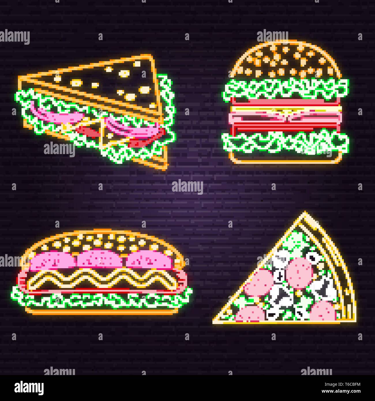 Retro neon burger, sandwich, hot dog and pizza sign on brick wall background. Design for cafe, restaurant. Vector illustration. Neon design for pub or fast food business. Light sign banner. Glass tube Stock Vector