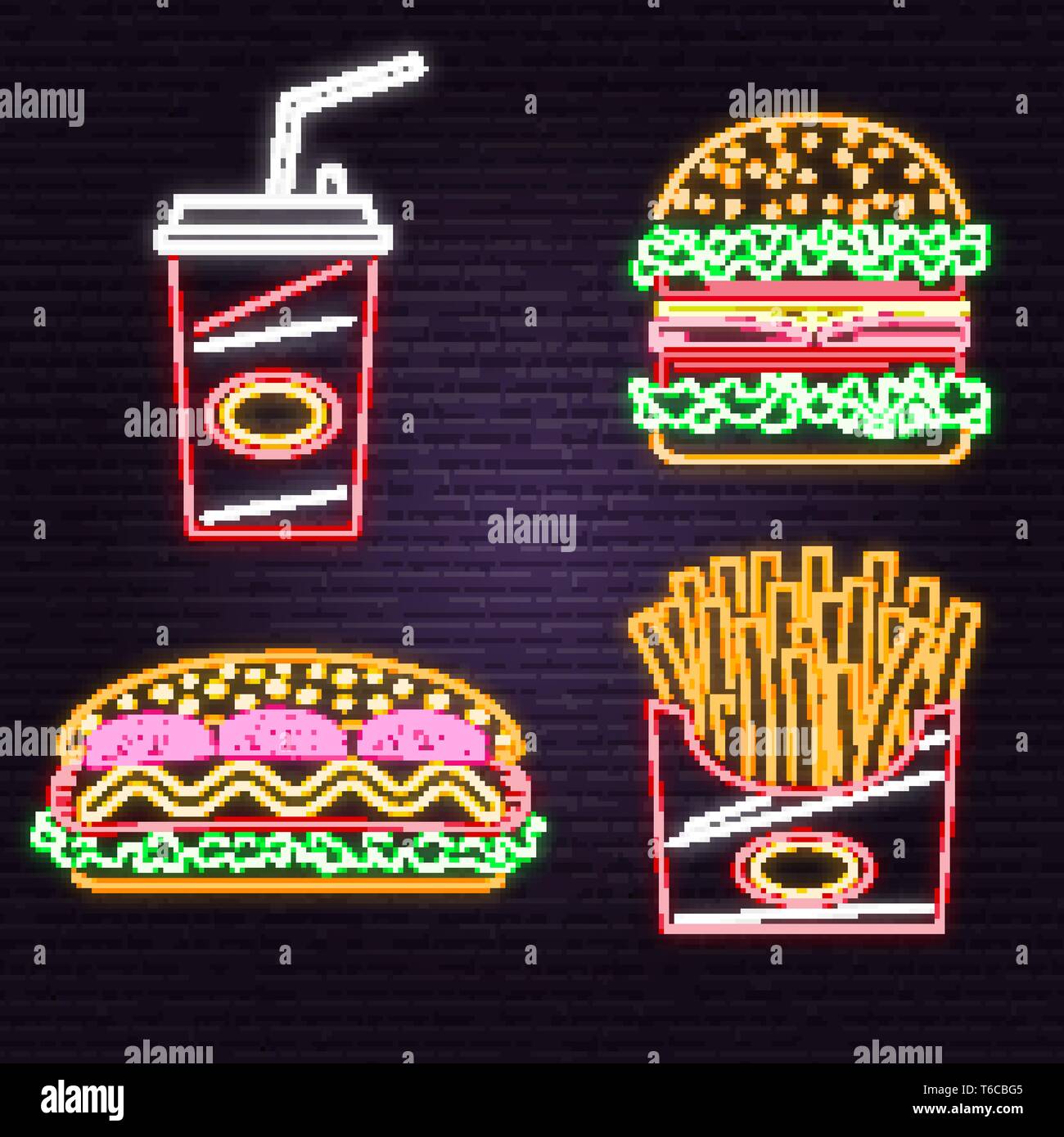 Retro neon burger, cola, hot dog and french fries sign on brick wall background. Design for cafe, restaurant. Vector. Neon design for pub or fast food business. Light sign banner. Glass tube Stock Vector