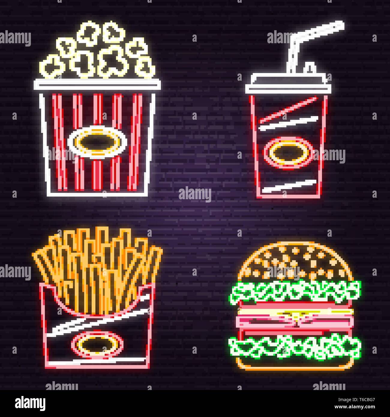 Retro neon burger, cola, popcorn and french fries sign on brick wall background. Design for cafe, restaurant. Vector. Neon design for pub or fast food business. Light sign banner. Glass tube. Stock Vector