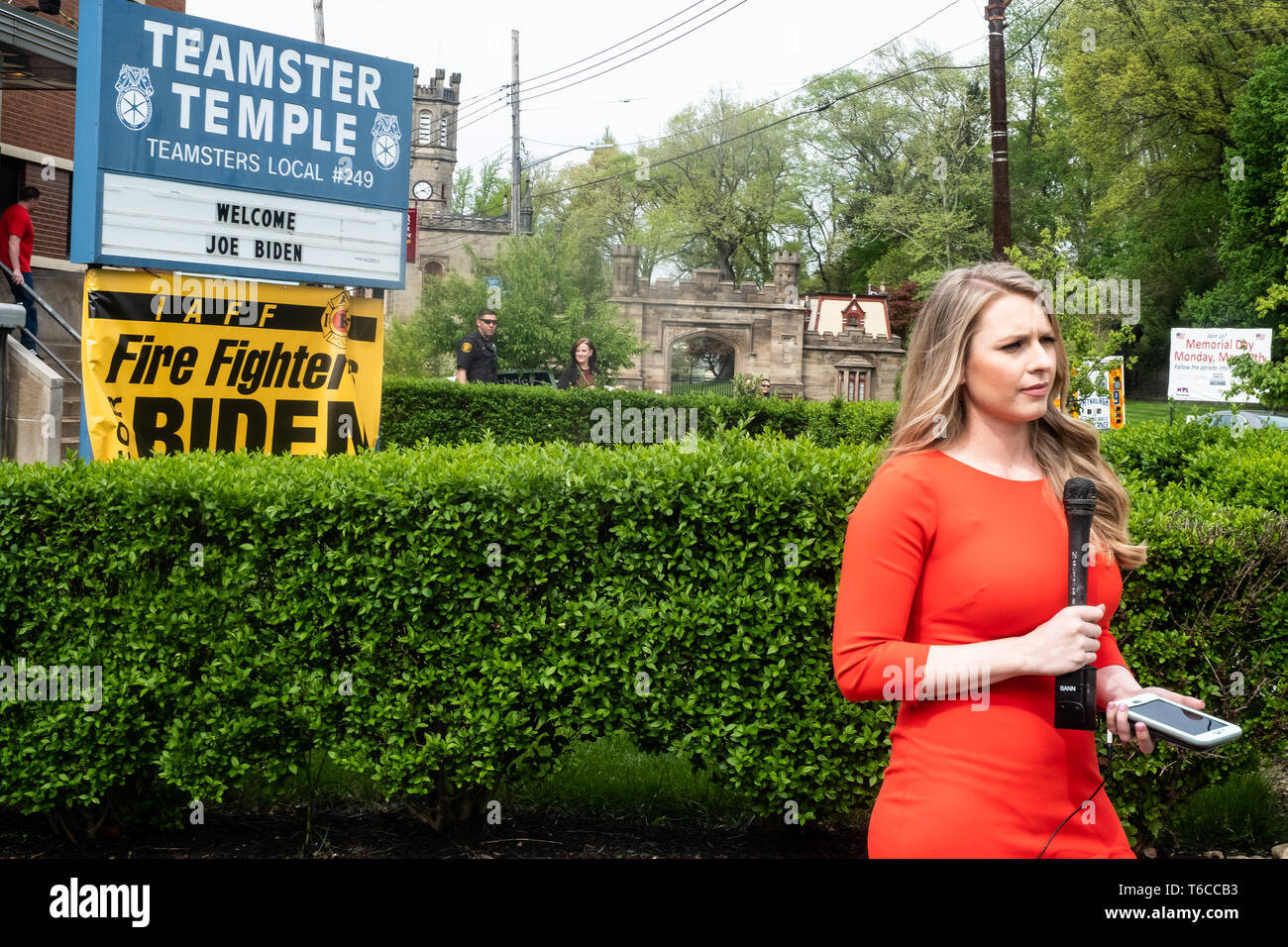 A news reporter seen during the rally. Joe Biden comes to Pittsburgh to start off his 2020 bid for the president of the United States.  Rally is held at Teamsters in the Lawreceville neighborhood of Pittsburgh, PA. Stock Photo