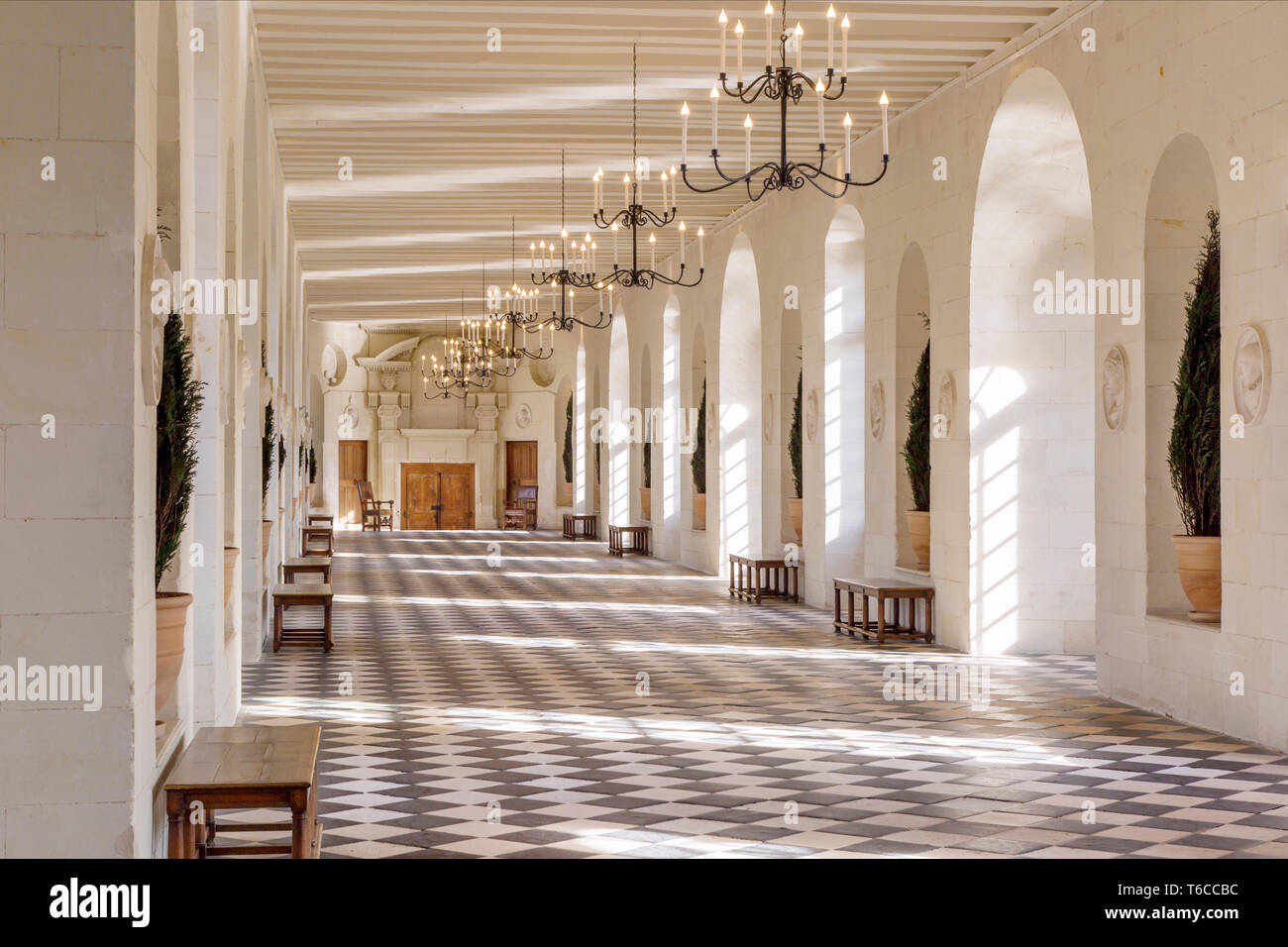 Great Hall Gallery of Chateau Chenonceau, Indre-et-Loire, Centre, France Stock Photo