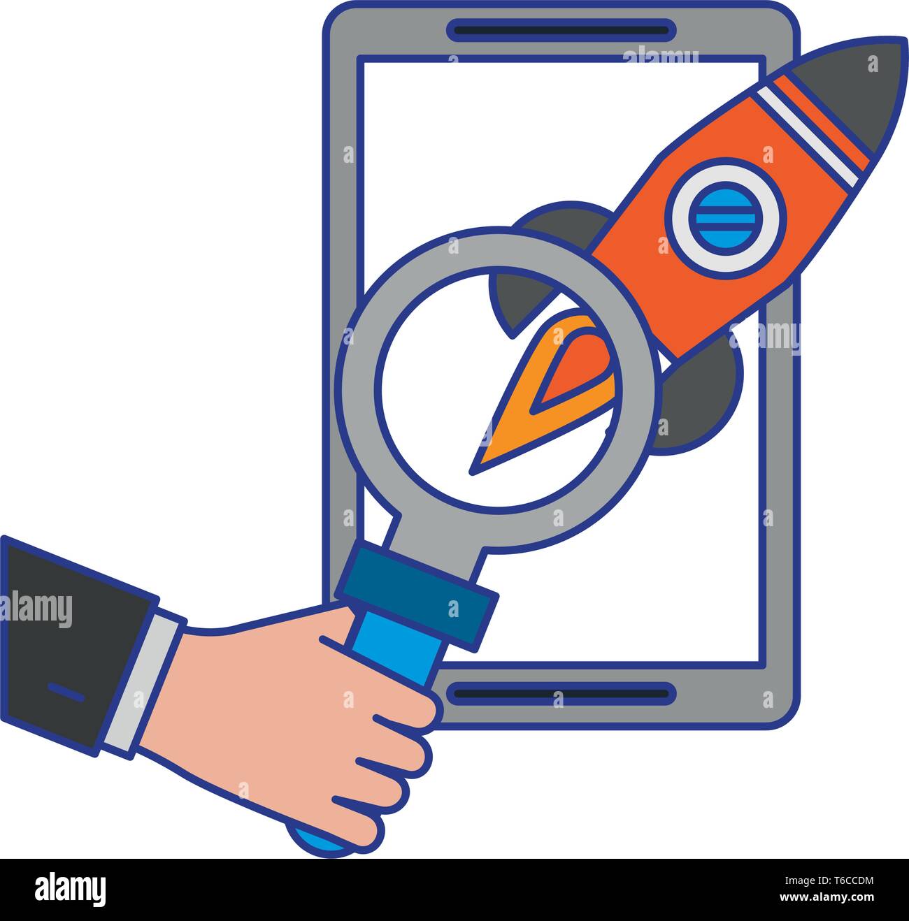 tablet with rocket and magnifying glass Stock Vector Image & Art - Alamy