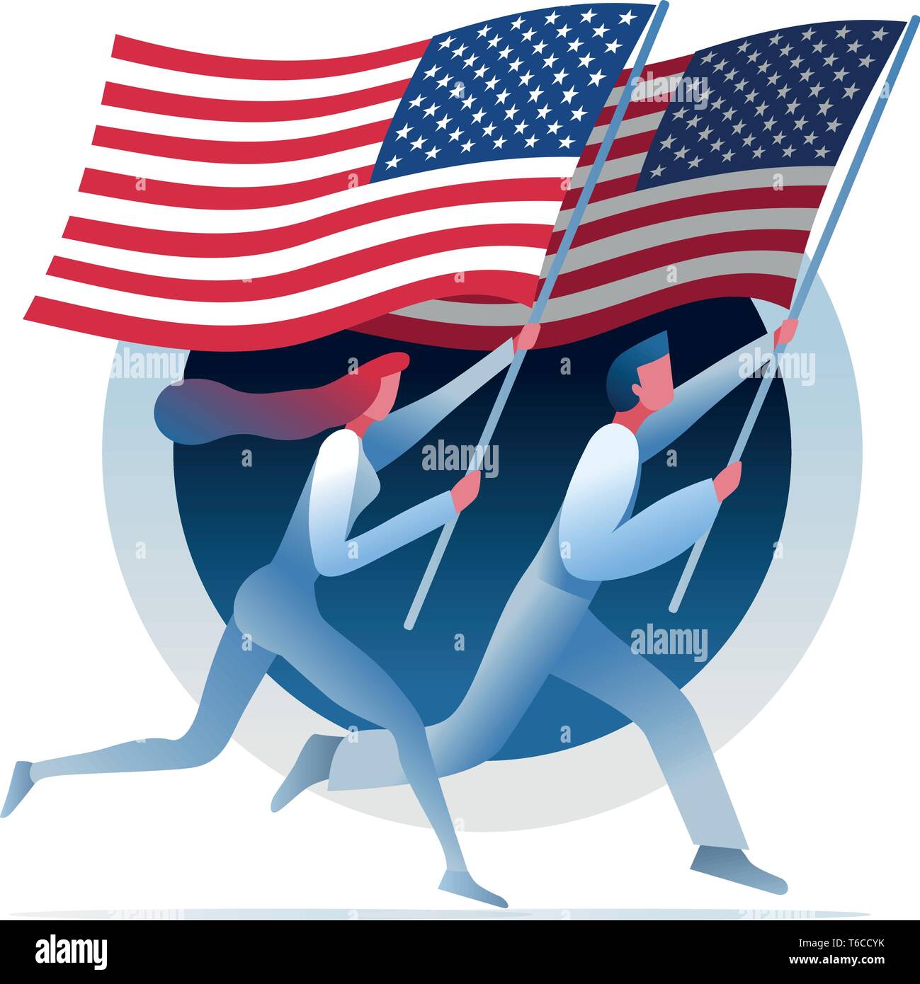 Man and woman are running with USA flags. Vector concept illustration. Stock Vector